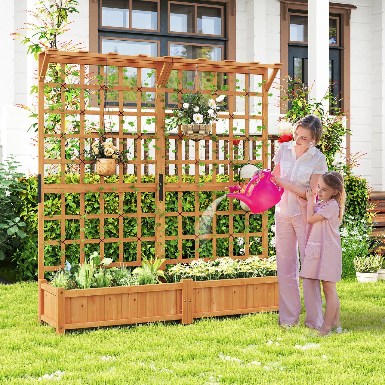 3-in-1 Raised Garden Bed with Fir Wood Frame Trellis Support and Efficient Drainage System